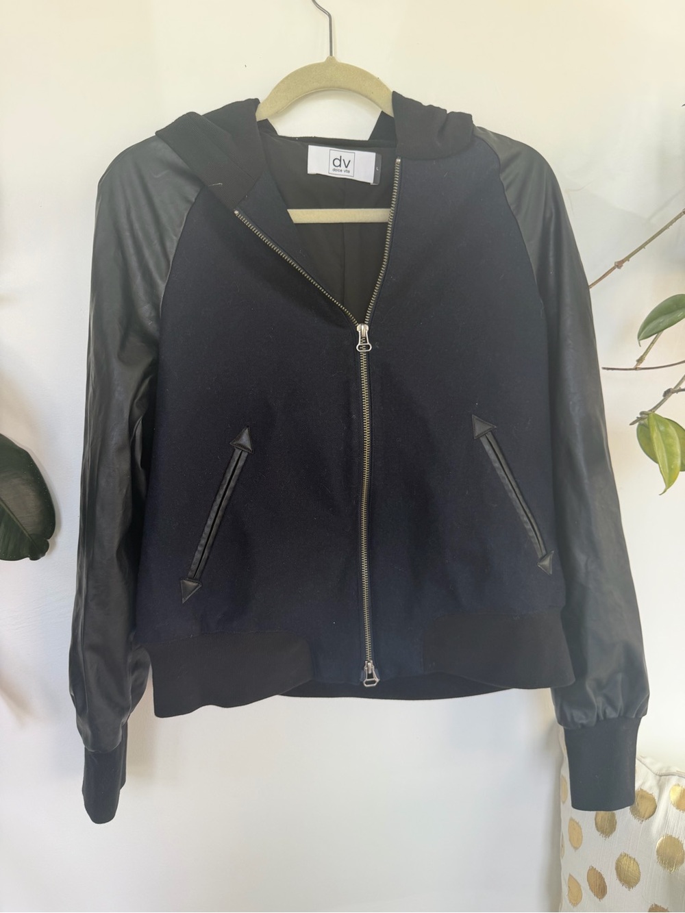 DV by Dolce Vita navy and Black Hooded Bomber with Faux-Leather Sleeves
